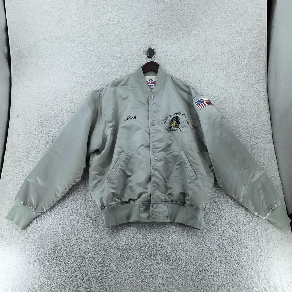 Game Sportswear Jacket Mens XL Gray Satin Bomber Maybrook‎ Sportsmens Club USA